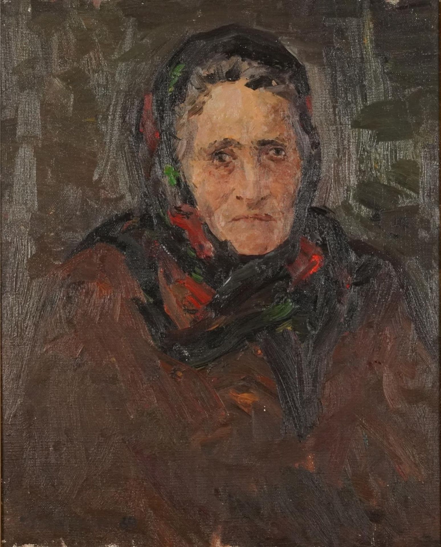 Edvard Sasun - Portrait of a female wearing a headscarf, Armenian oil on canvas, partial label and