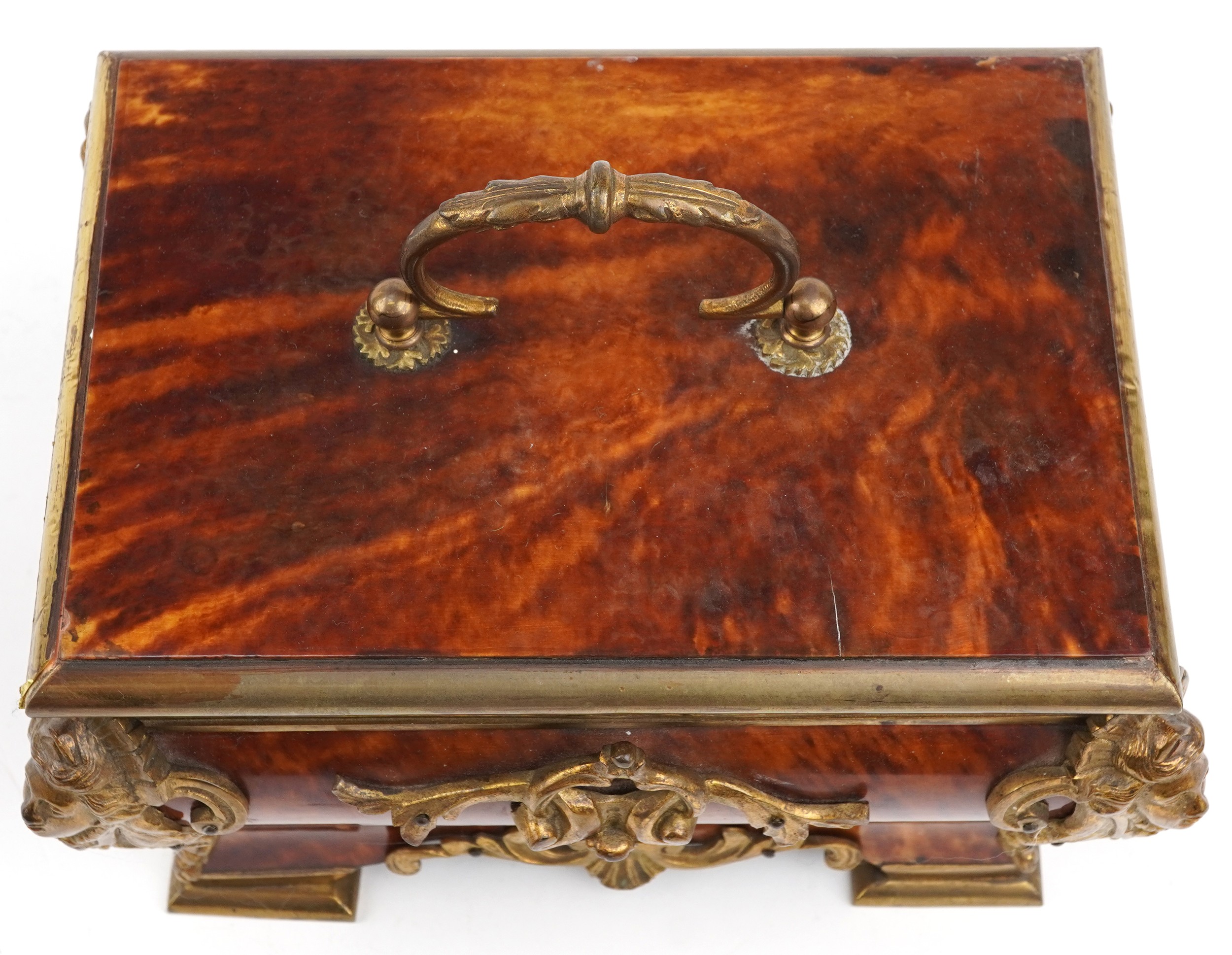 French Napoleon III tortoiseshell coffin casket with ormolu figural and floral mounts, 15cm H x 22cm - Image 2 of 4