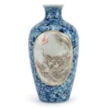 Chinese blue and white porcelain vase with two en grisaille panels hand painted with dragons, six
