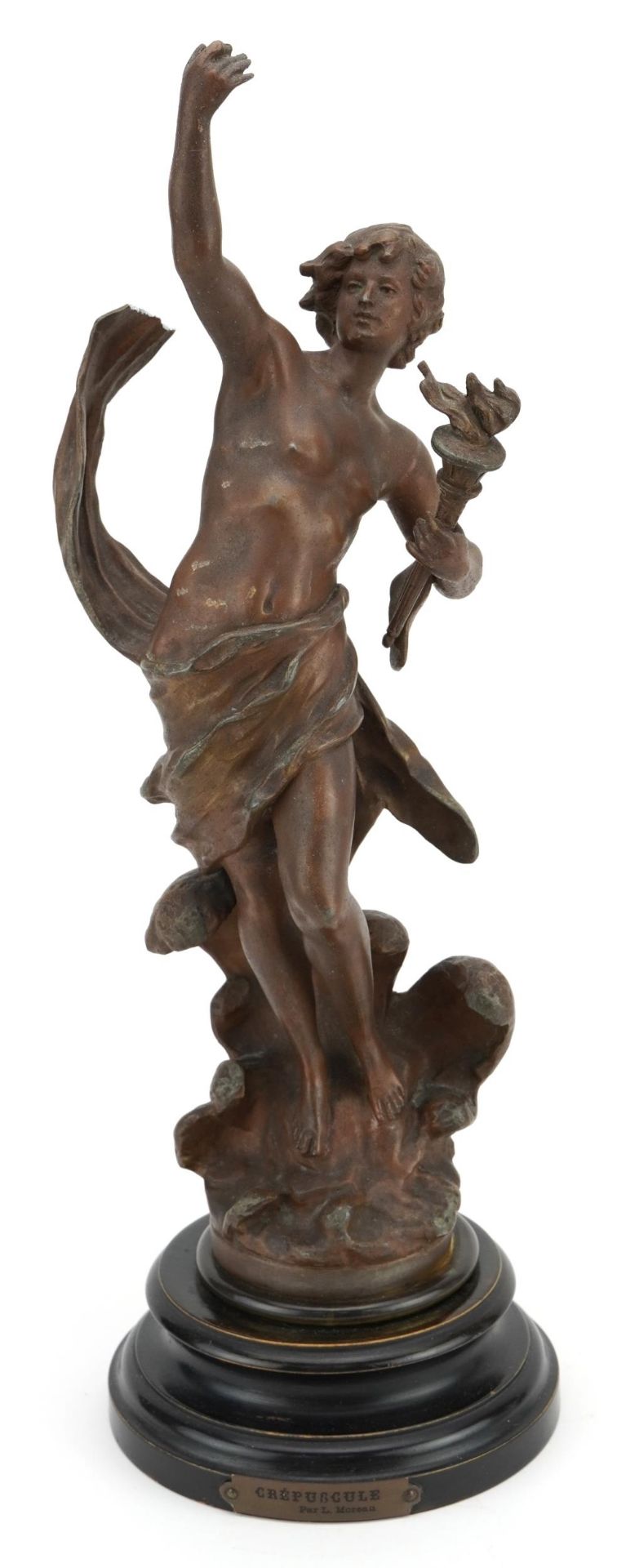 Patinated spelter study of a nude male holding a flaming torch raised on a circular ebonised base - Image 2 of 9