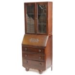 Art Deco oak bureau bookcase with leaded glass doors, 161cm H x 75cm W x 42cm D : For further