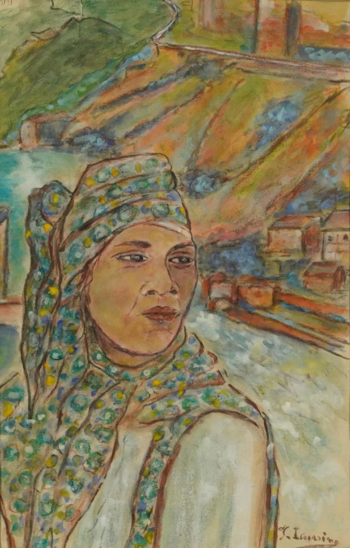 Study of a boy wearing a headscarf, Eastern mixed media, inscribed verso, mounted, framed and