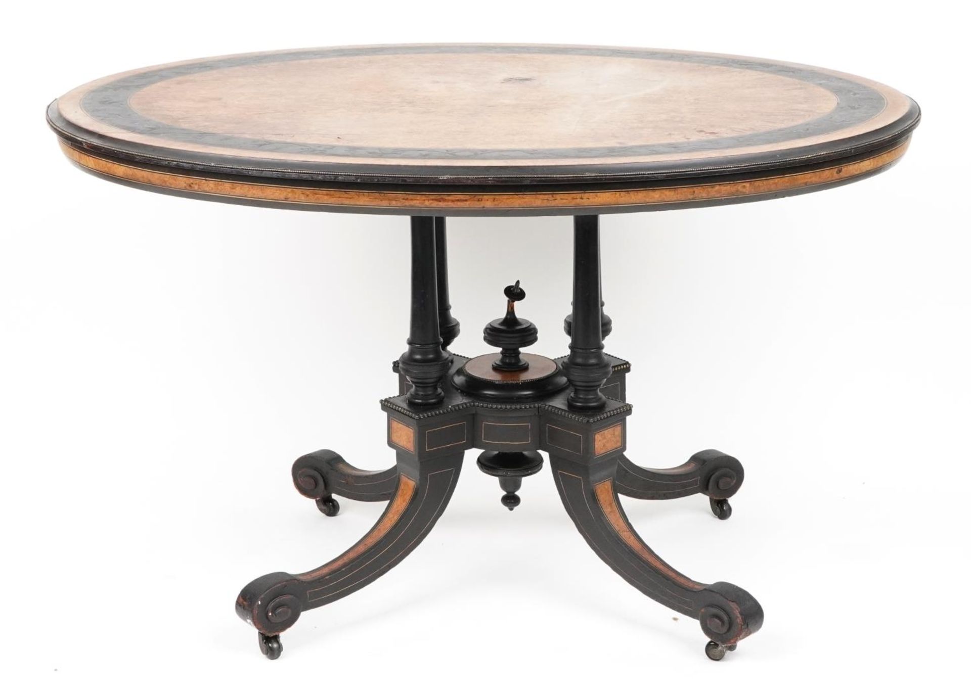 Victorian aesthetic burr walnut and ebonised tilt top table carved with flowers amongst scrolling - Image 5 of 6