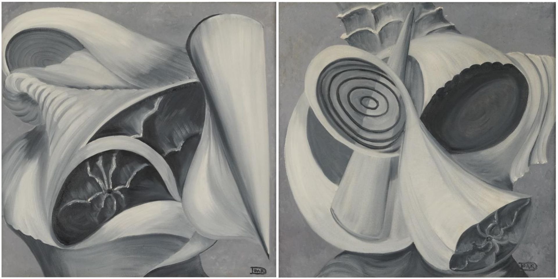 Abstract compositions, shells, pair of monochrome oil on canvasses, framed, each 49cm x 49cm