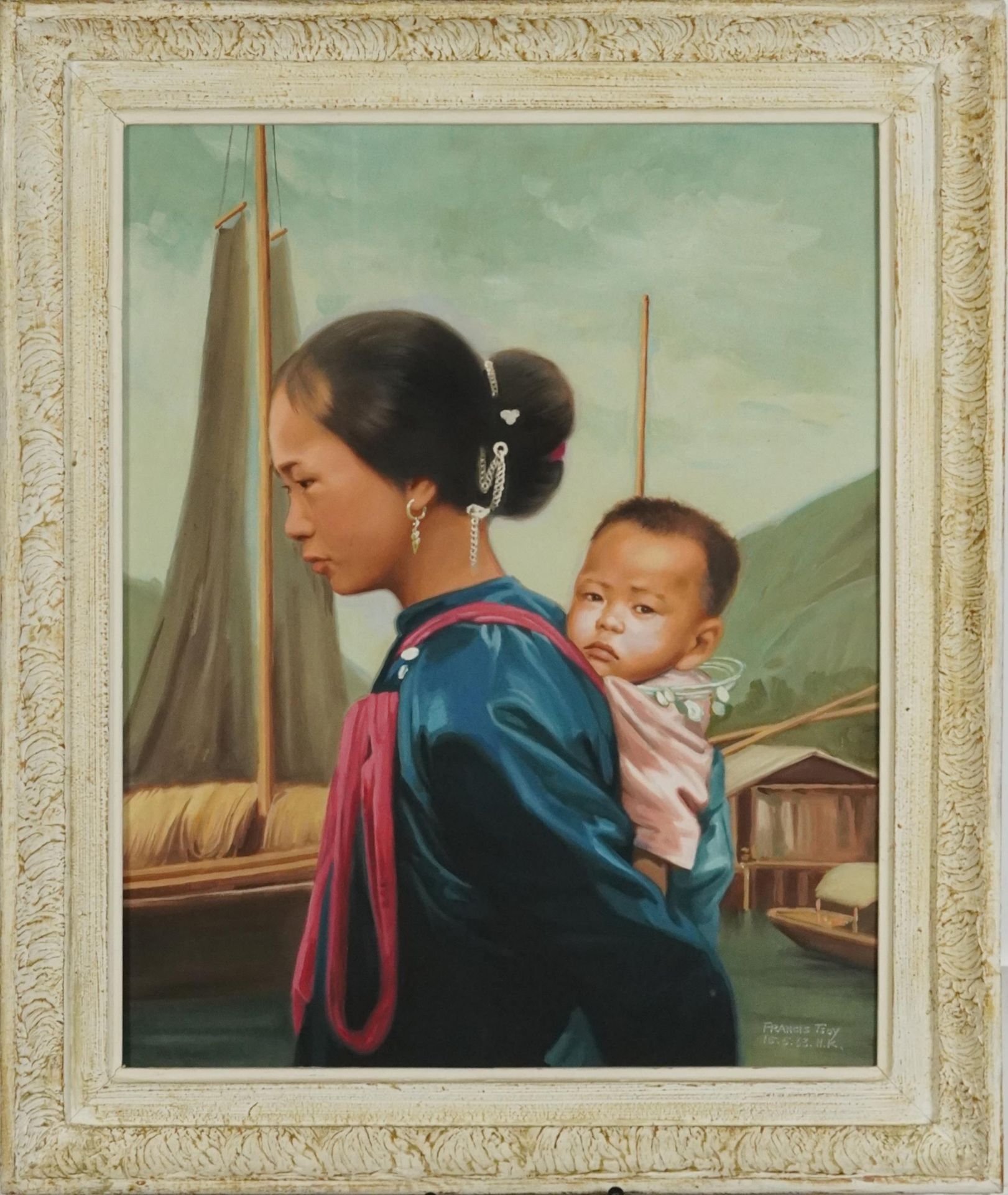 Francis Tsoy '63 - Mother and child before boats, 1960s Hong Kong oil on canvas, mounted and framed, - Image 2 of 4