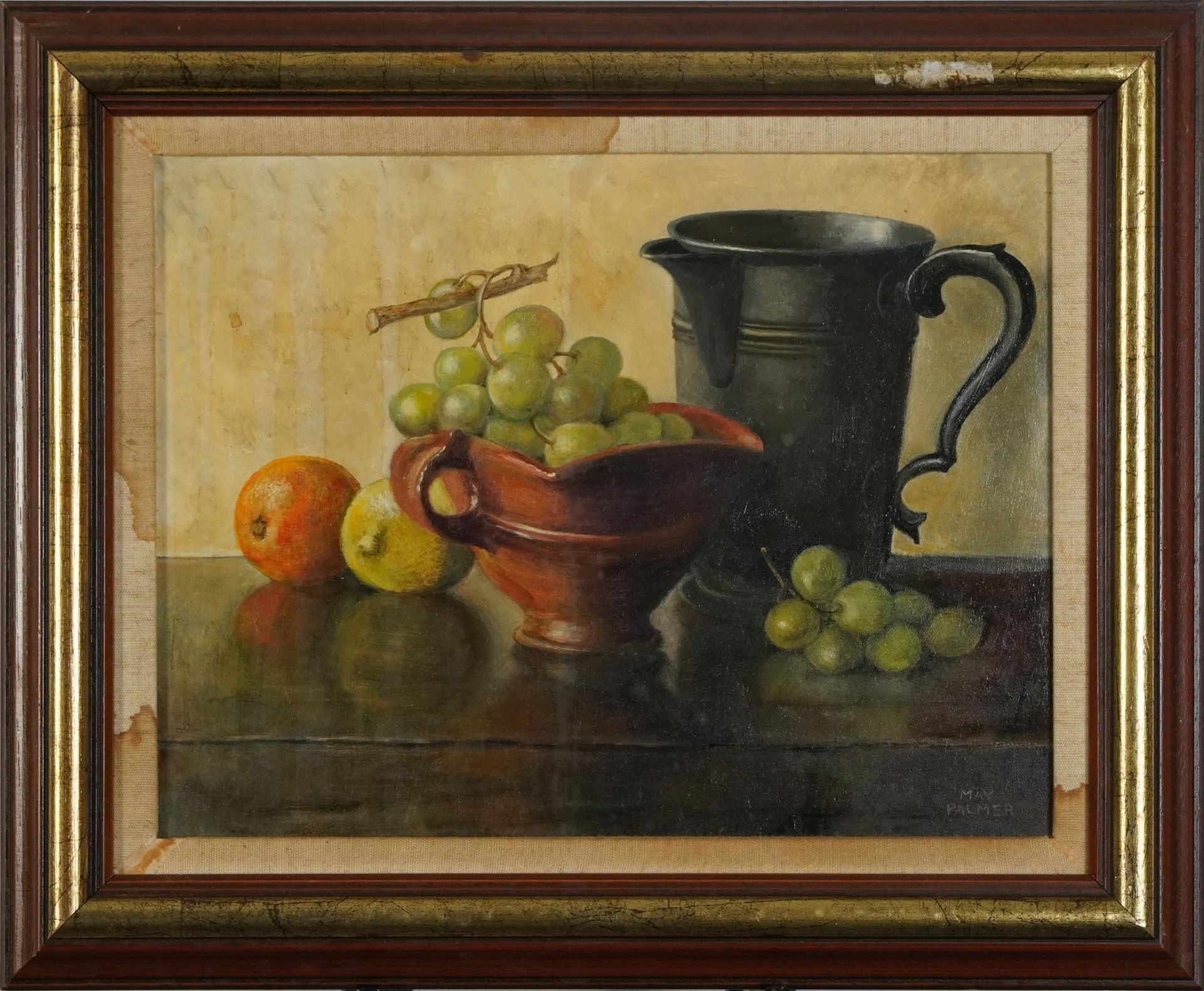 May Palmer - Still life with grapes, oil on board, chalk marks and details verso, mounted and - Image 2 of 5
