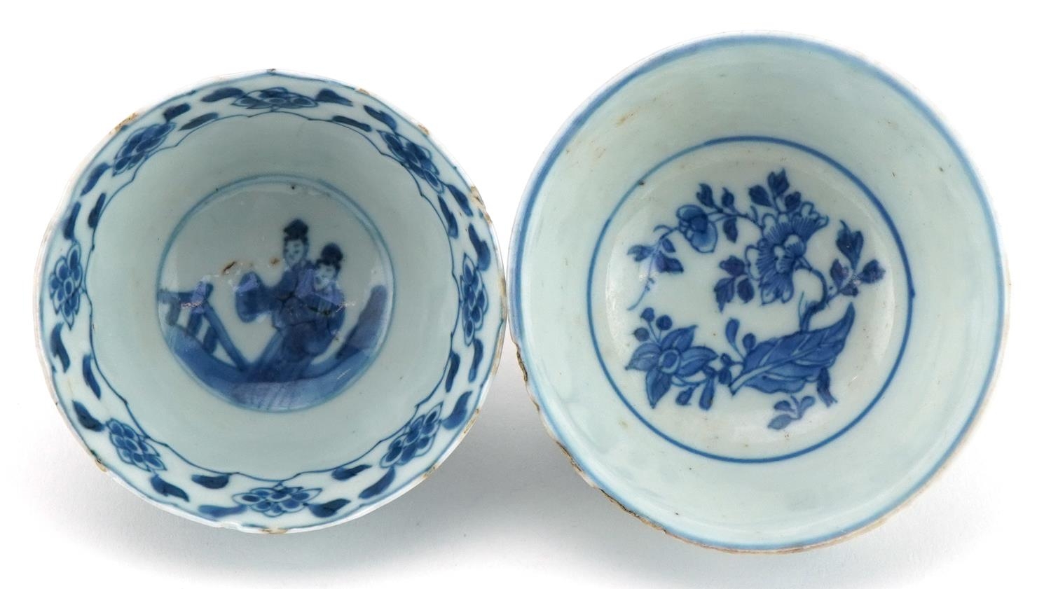 Two Chinese blue and white porcelain tea bowls including one hand painted with panels of flowers and - Image 5 of 6