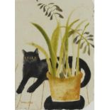 Mary Fedden - Black cat and plant 1982, pencil signed glicee print in colour, limited edition 43/75,