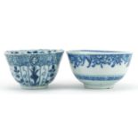 Two Chinese blue and white porcelain tea bowls including one hand painted with panels of flowers and