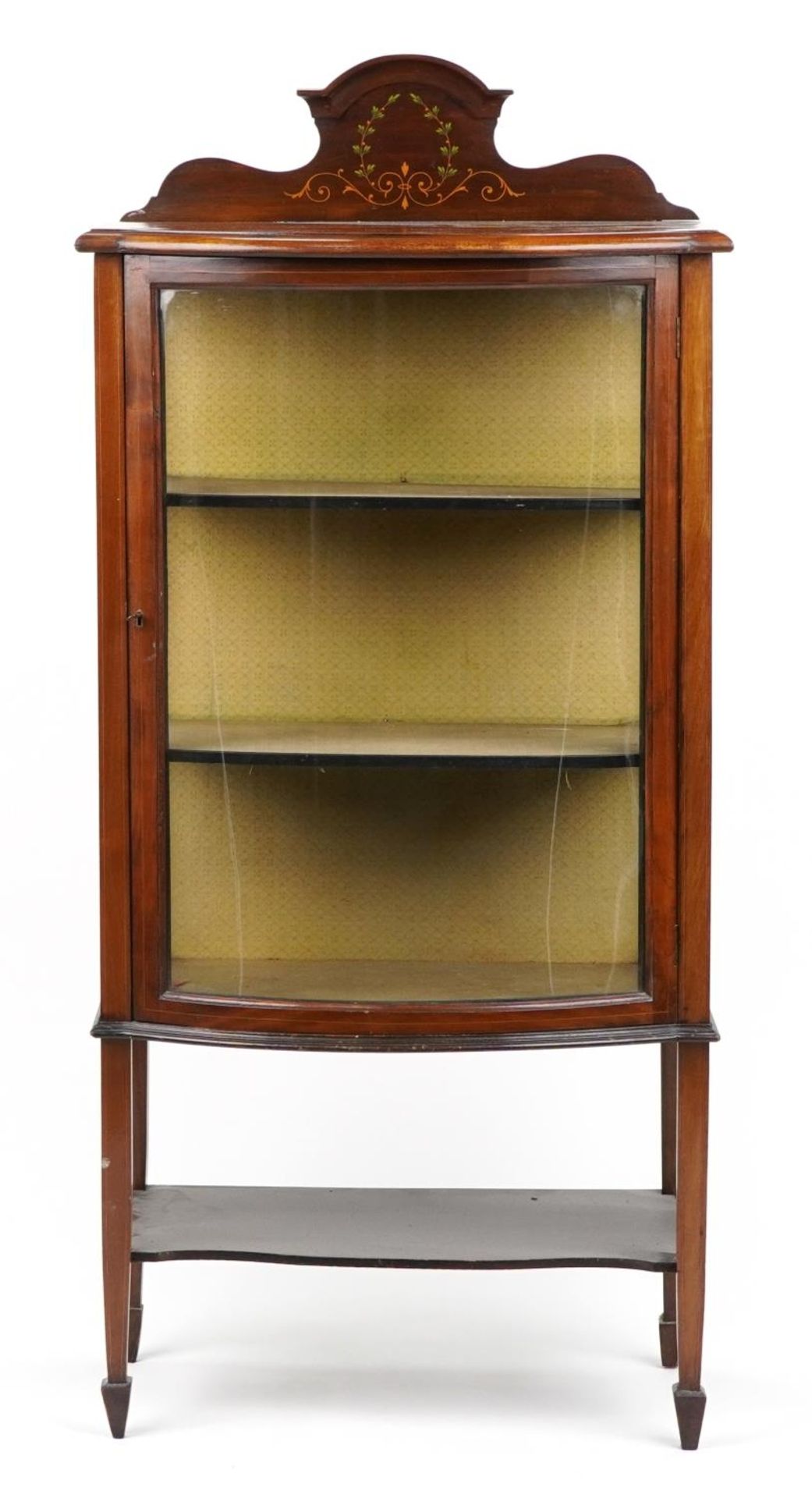 Inlaid mahogany bow front display cabinet on tapering legs hand painted with foliage, 141cm H x 64cm - Image 2 of 5