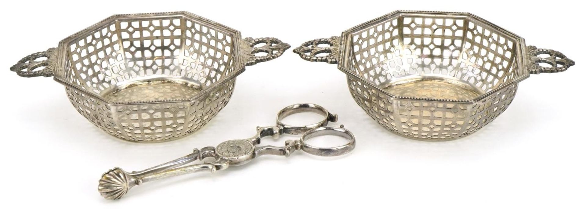 Mappin & Webb, pair of Art Deco octagonal silver bonbon dishes and a pair of antique silver sugar