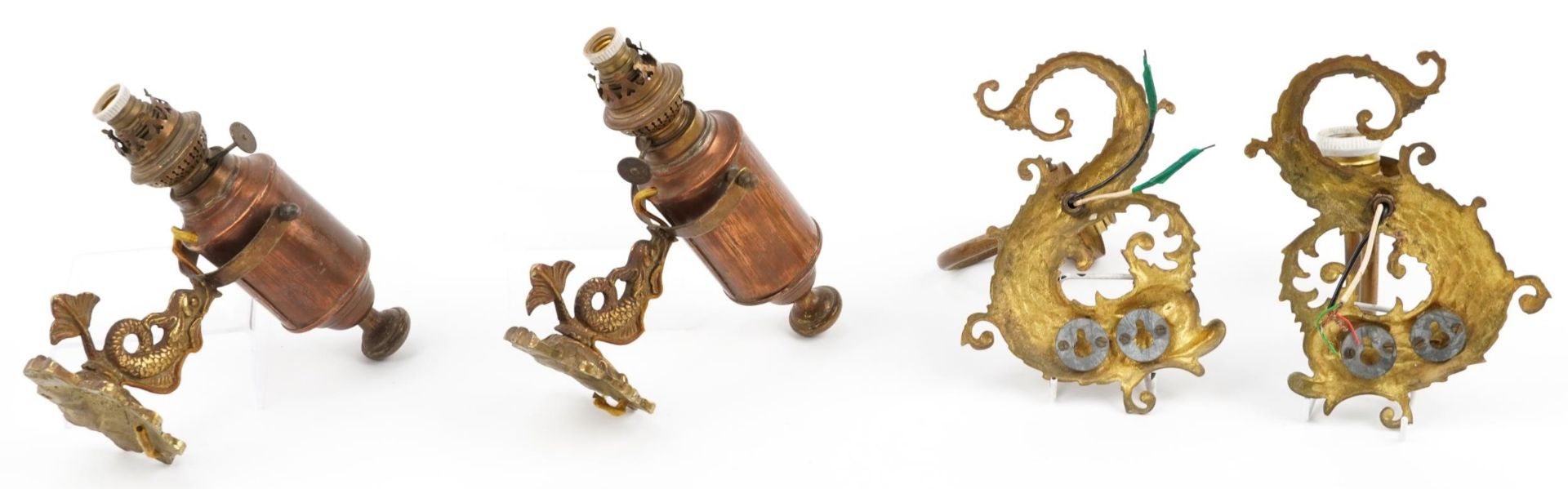 Two pairs of 19th century style brass seahorse design wall sconces including a pair with copper - Image 2 of 2