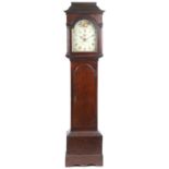 19th century oak cased grandfather clock with painted dial having Roman and Arabic numerals,