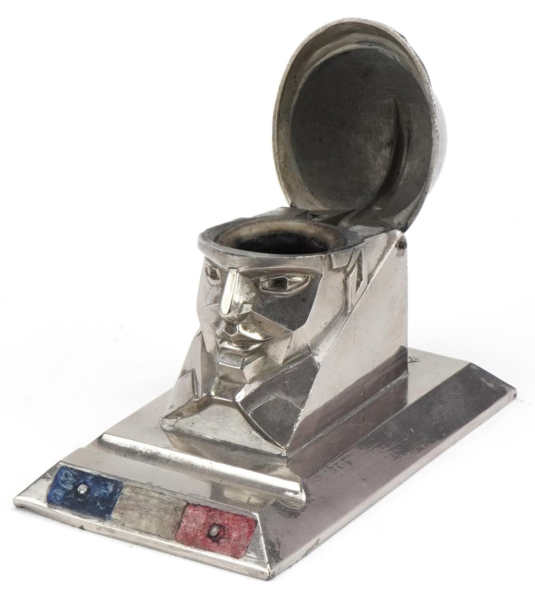 Richer of Paris, vintage French novelty silvered metal desk inkwell in the form of a fireman with - Image 2 of 5