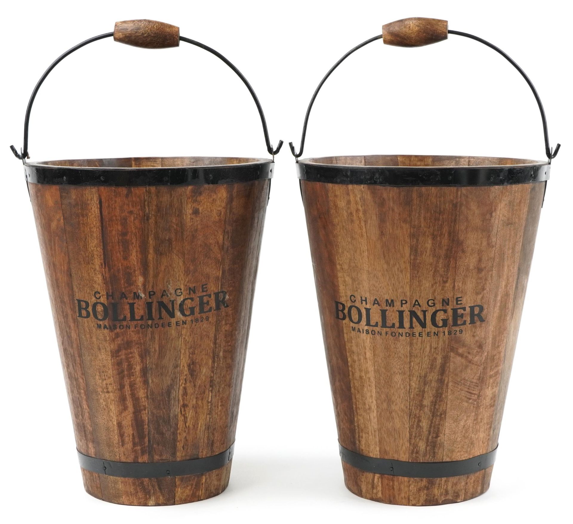 Pair of Bollinger design Champagne ice buckets with metal mounts and swing handles, each 40cm high