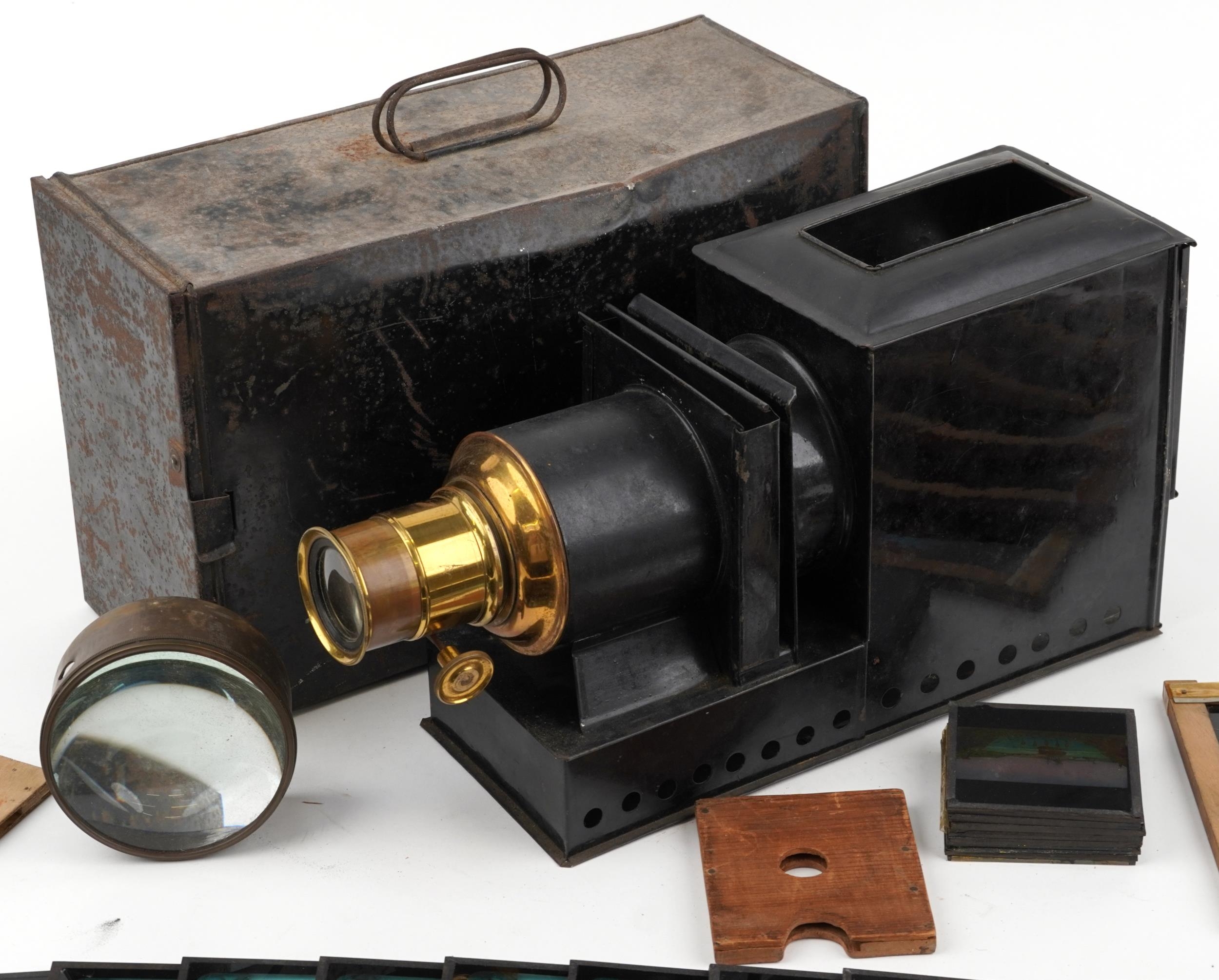 Victorian magic lantern slide projector with a selection of various glass slides including The - Image 2 of 4