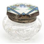 Art Deco circular cut glass jar with silver and guilloche enamel lid, indistinct maker's marks