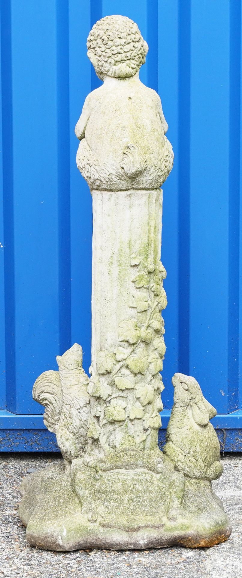 Garden stoneware statue of a faun seated on a column with animals at the base, 86cm high : For - Image 2 of 2