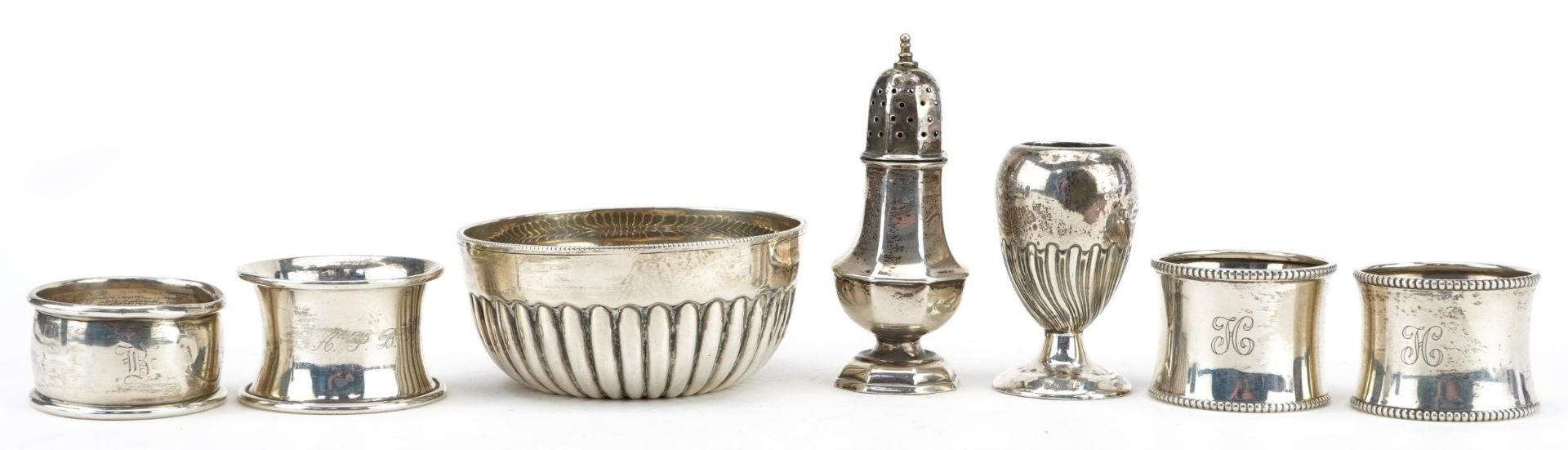 Victorian and later silver objects including a Mappin & Webb demi fluted bowl, octagonal baluster