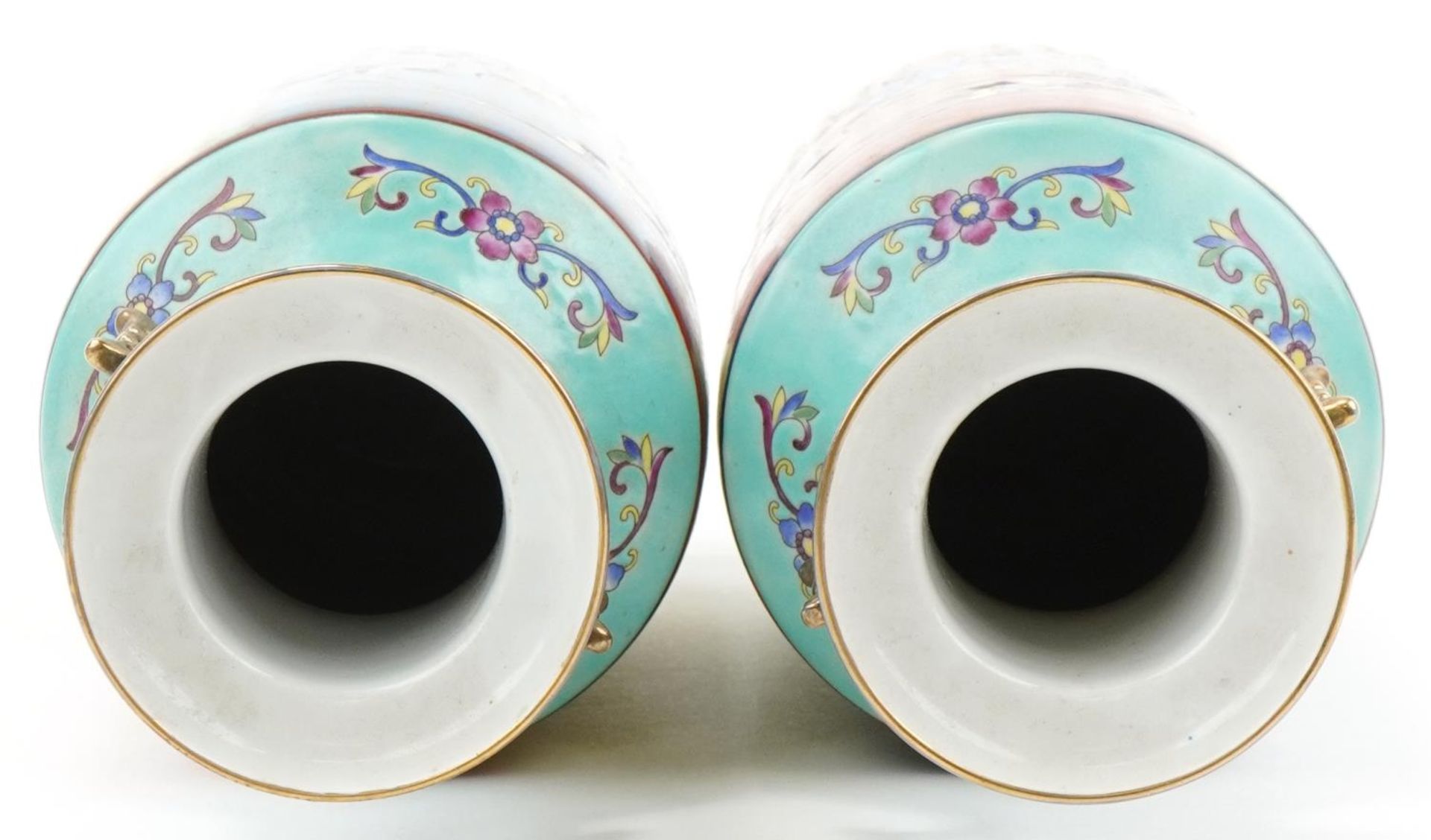 Pair of Chinese multi coloured ground Rouleau porcelain vases with handles hand painted in the - Image 5 of 7