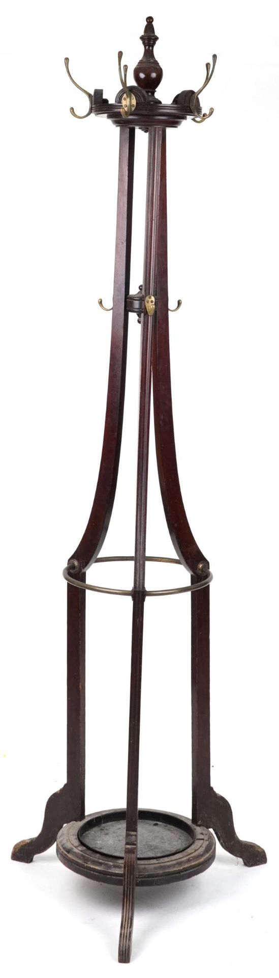 Edwardian mahogany revolving hat, coat and umbrella stand with S & H Jewell of High Holborn London