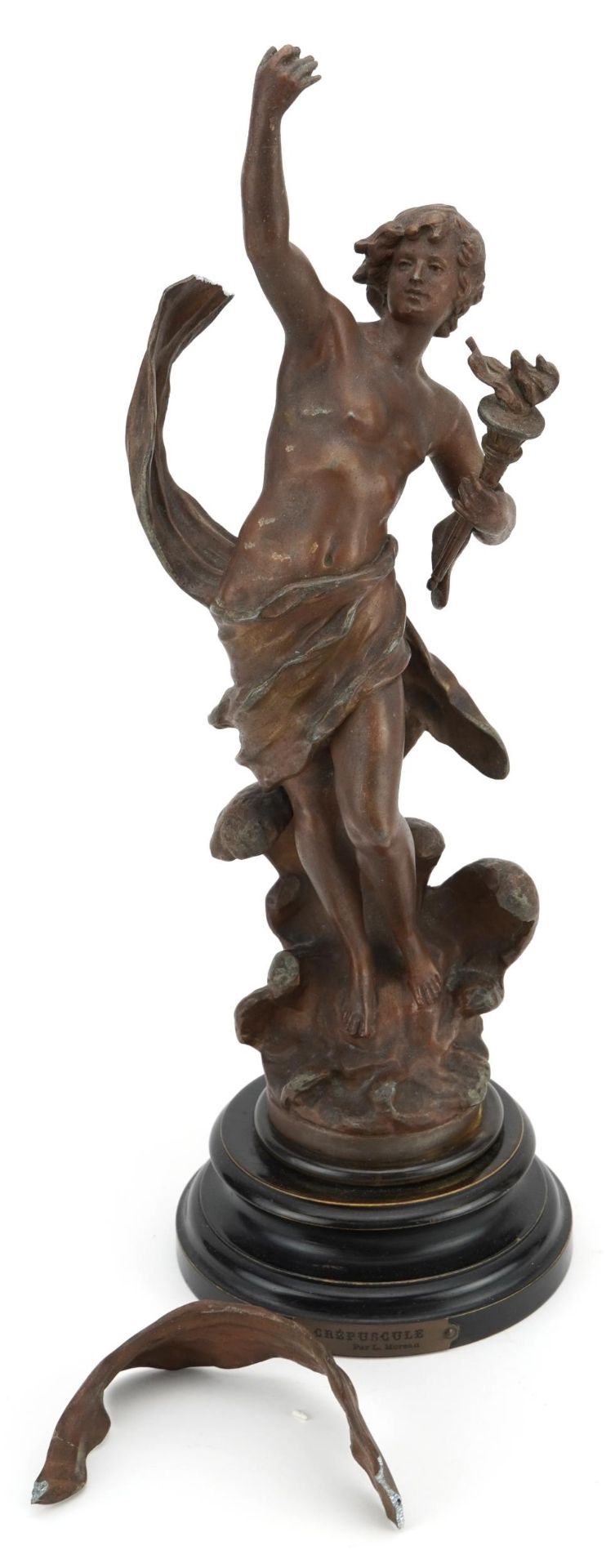 Patinated spelter study of a nude male holding a flaming torch raised on a circular ebonised base - Image 3 of 9