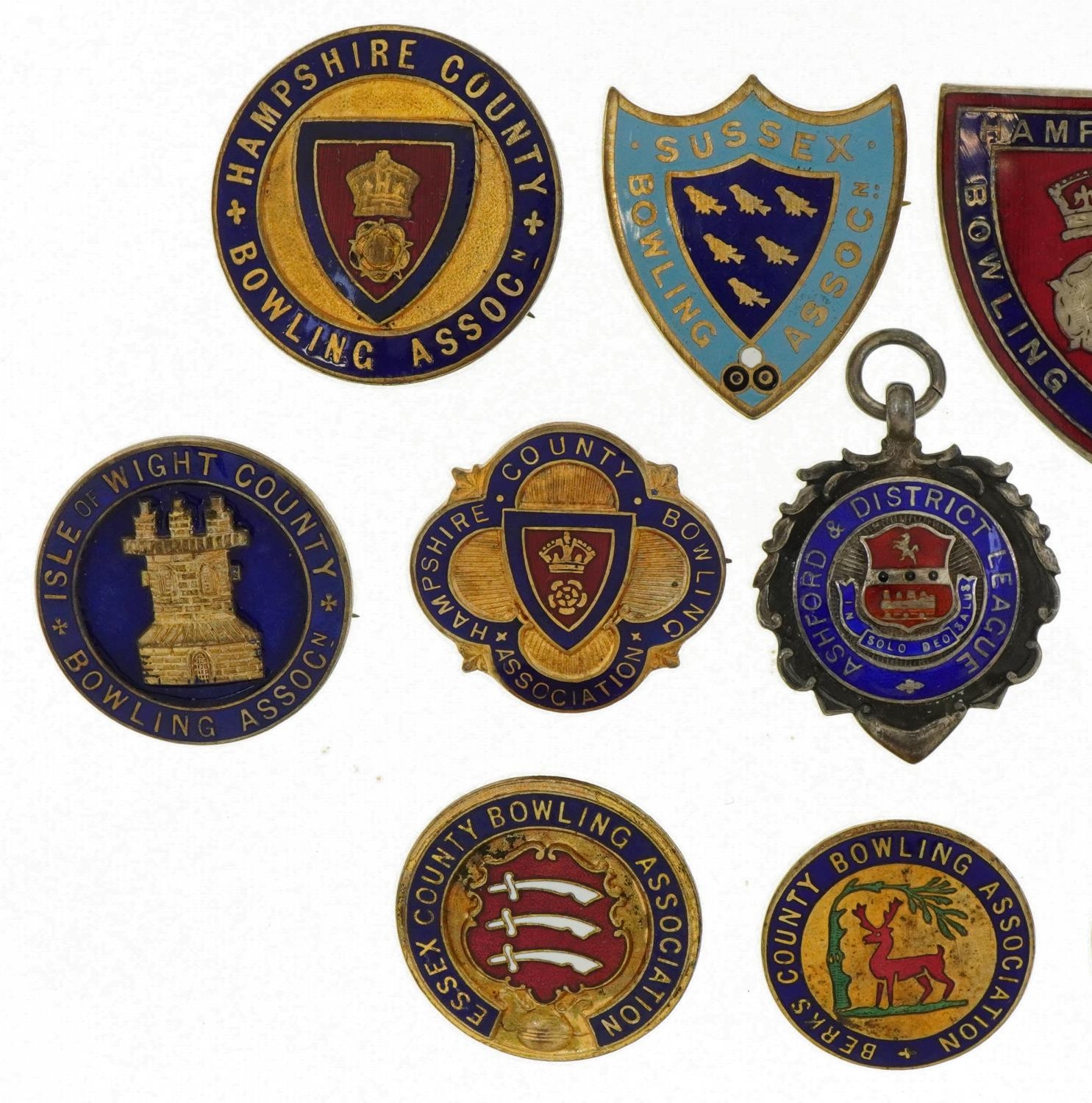 Bowling enamel pin badges and a silver and enamel jewel including Sussex Bowling Association and - Image 2 of 4