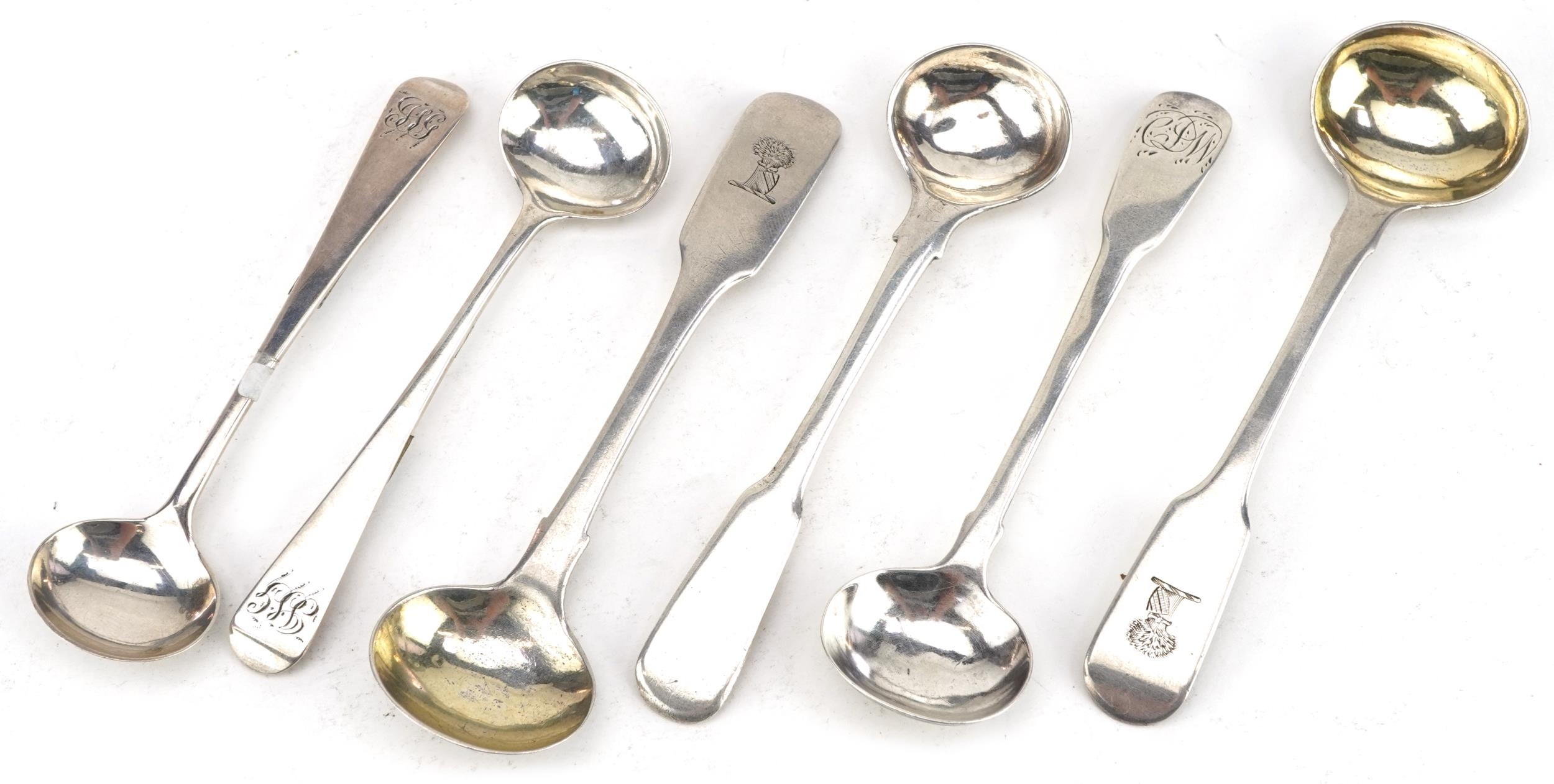 Six Georgian and later silver mustard spoons, the largest 10.5cm in length, total 57.4g : For