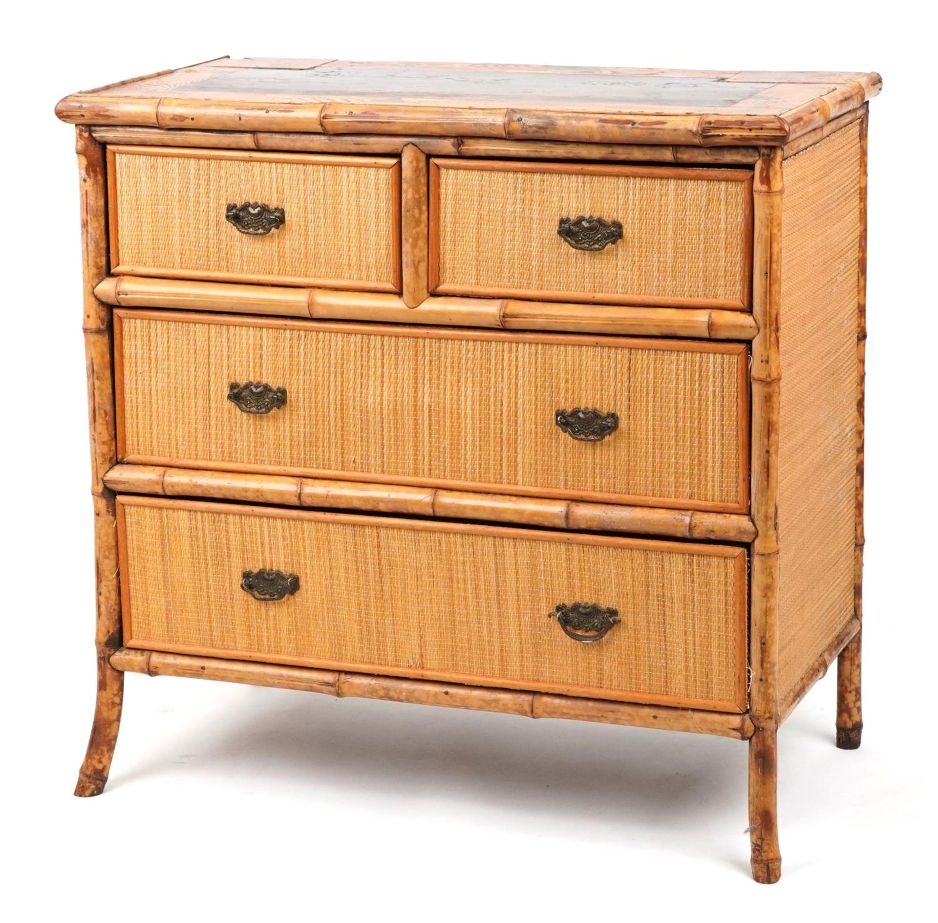 Victorian aesthetic bamboo four drawer chest with Japanned inlaid and lacquered top hand painted