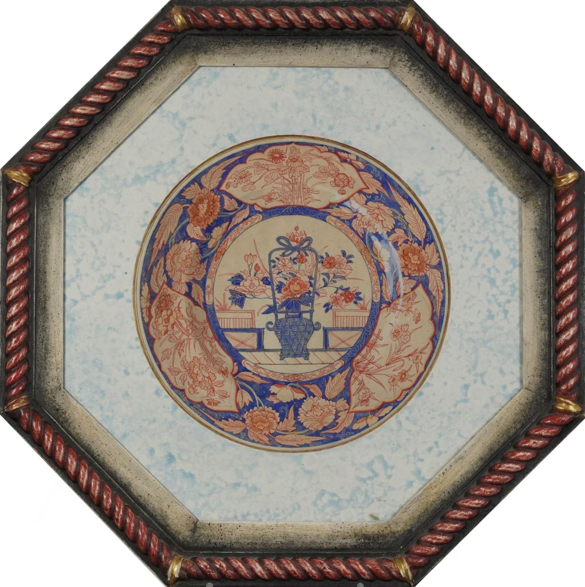 Pair of ink and watercolour circular plate designs housed in octagonal frames, each with Stephanie - Image 10 of 12