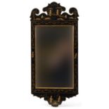 Regency style chinoiserie lacquered wall mirror gilded with figures, 63cm x 29cm : For further