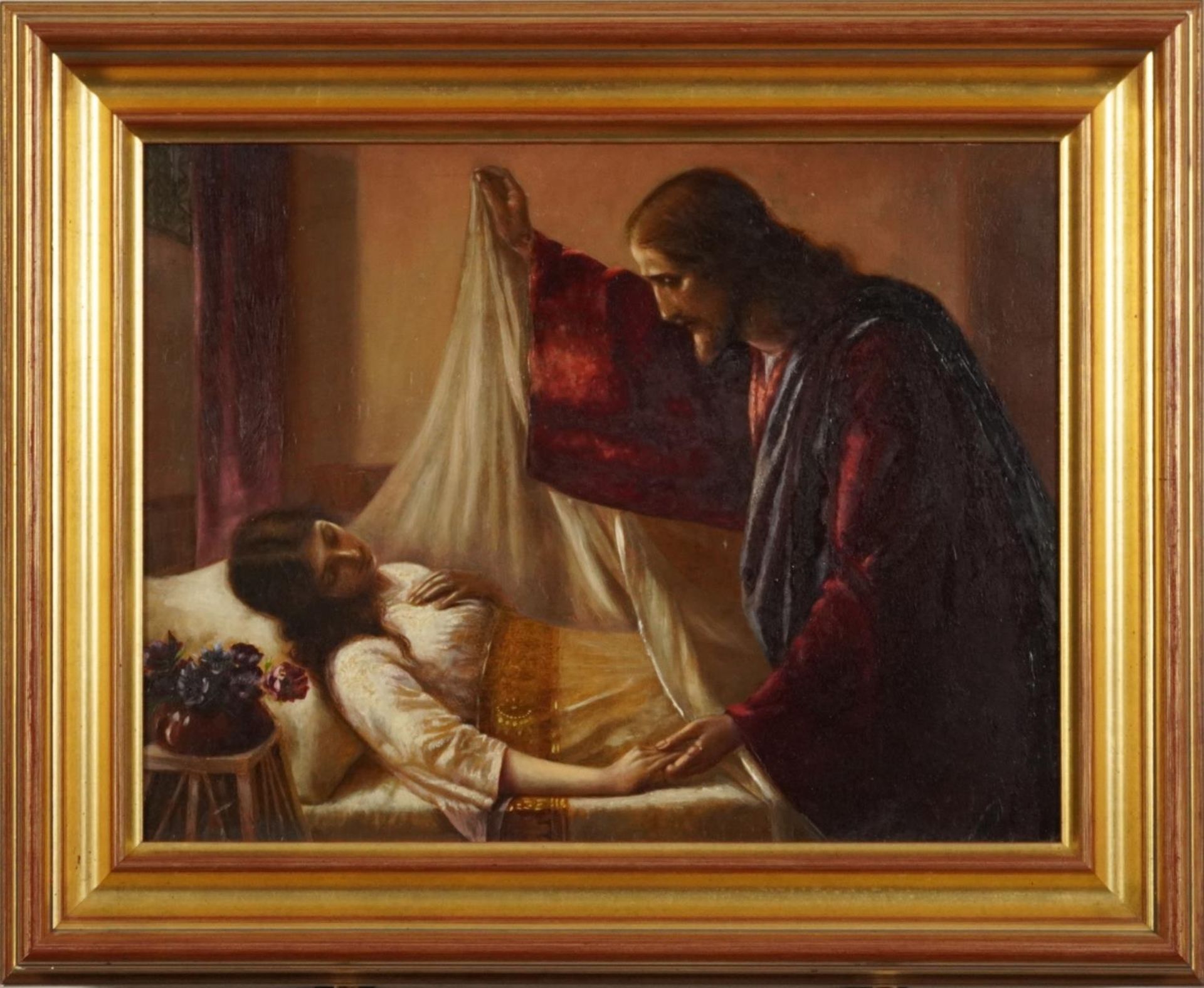 Jesus beside reclining female, old master style oil on board, mounted and framed, 37cm x 28cm - Image 2 of 4