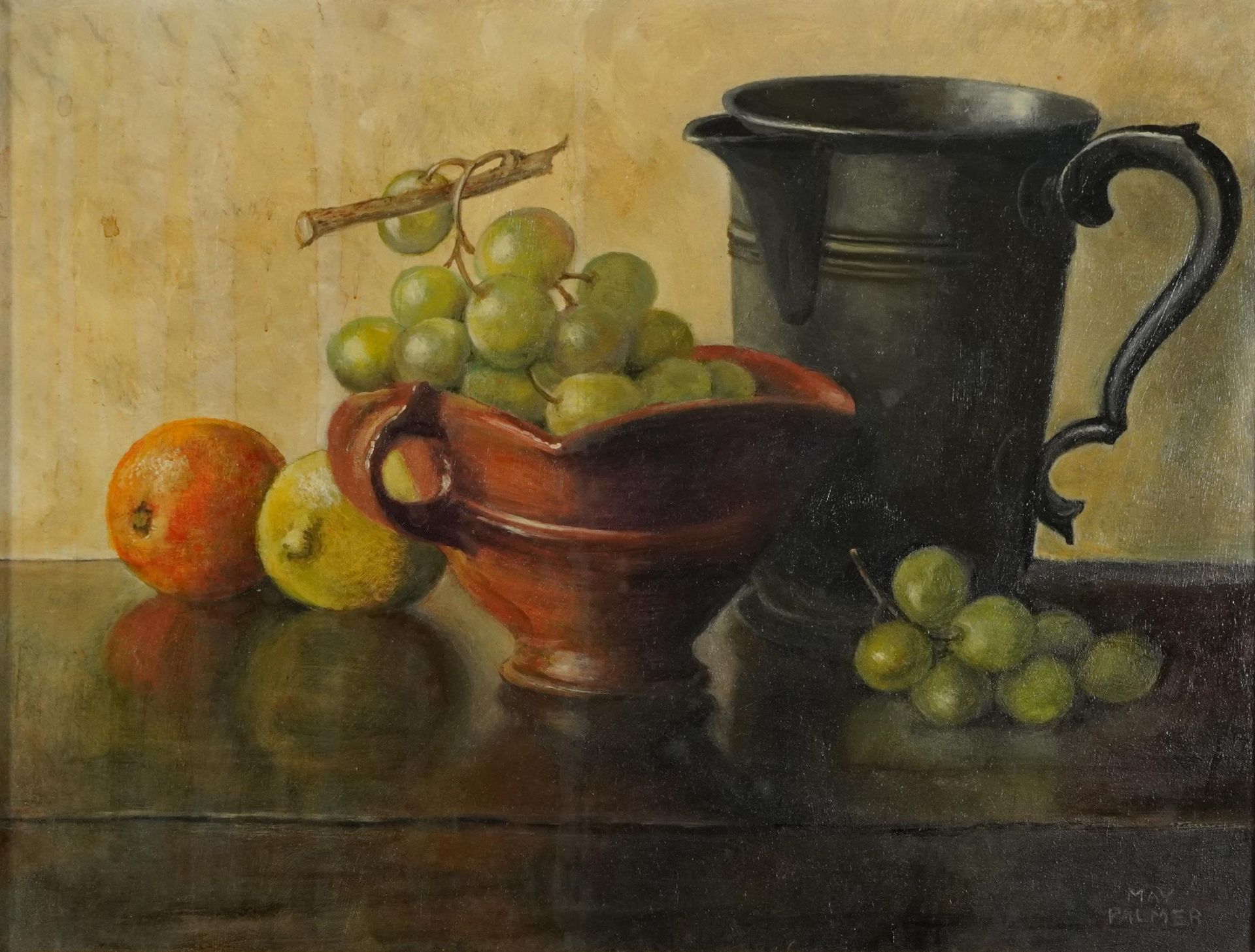 May Palmer - Still life with grapes, oil on board, chalk marks and details verso, mounted and