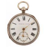 Improved Patent, Victorian gentlemen's silver open face pocket watch with enamelled dial, the case