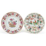 Two Chinese porcelain plates comprising one hand painted in the famille verte palette with a