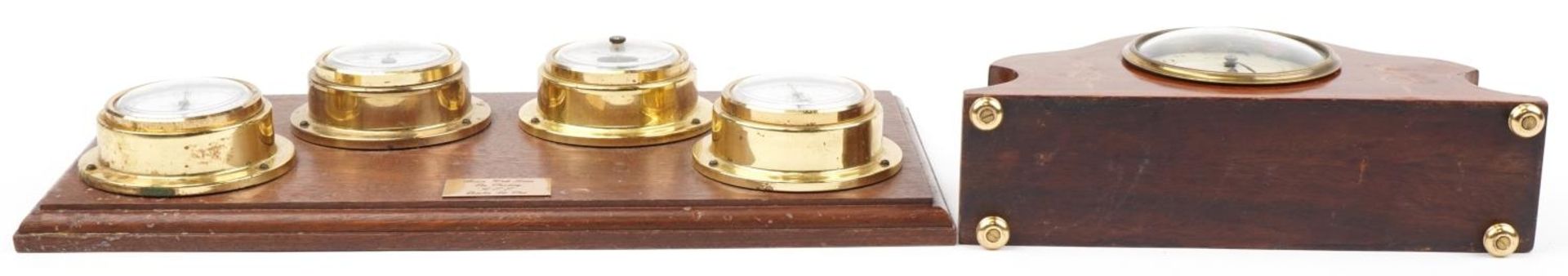 Edwardian inlaid mahogany eight day mantle clock and an oak backed weather station with clock and - Image 6 of 6
