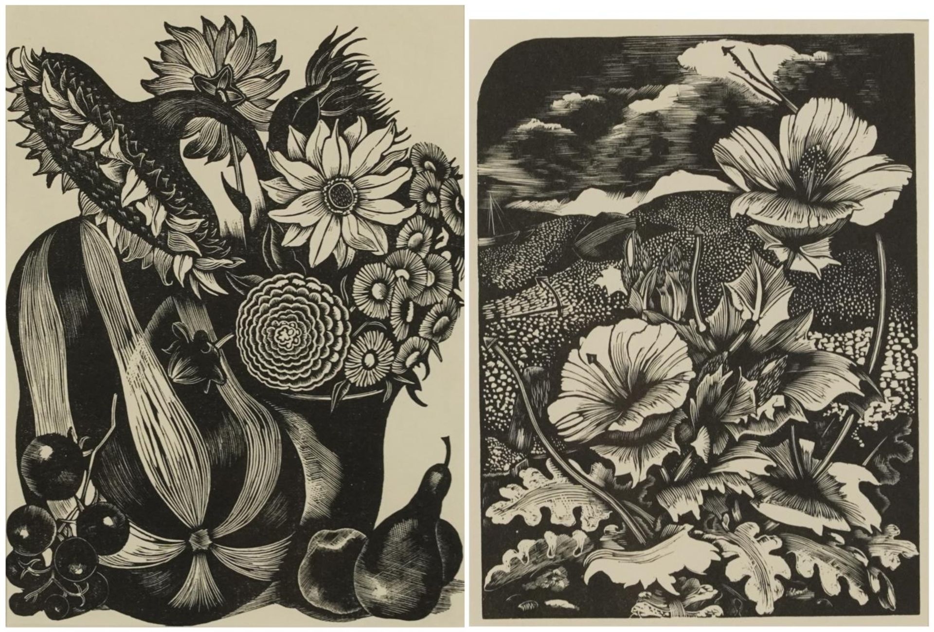 John Nash - Sea Poppy and still life flowers and fruit, two wood engravings, each with various