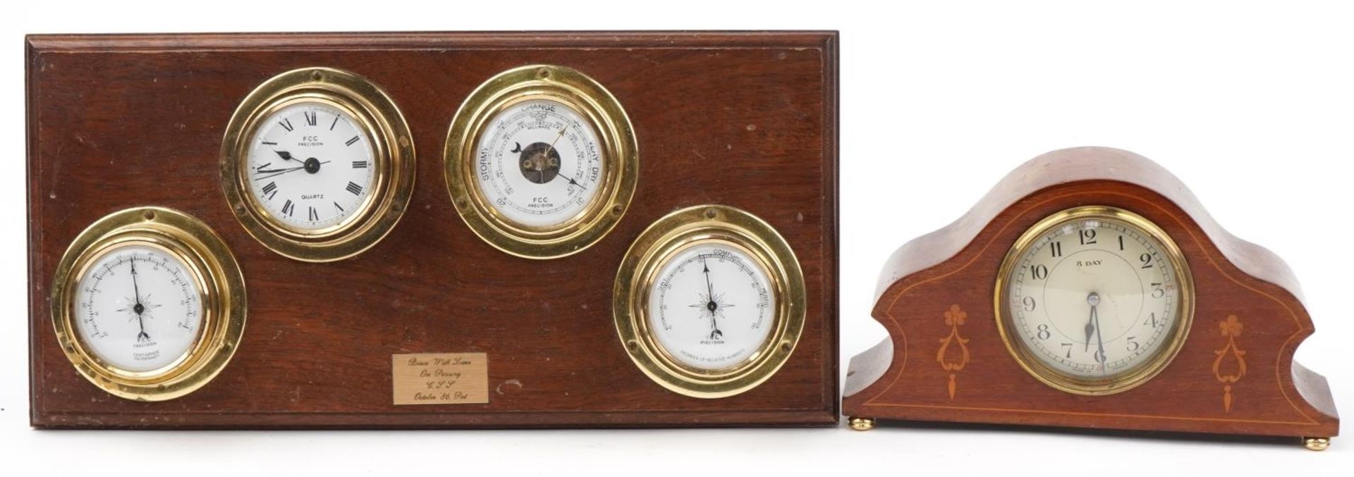 Edwardian inlaid mahogany eight day mantle clock and an oak backed weather station with clock and