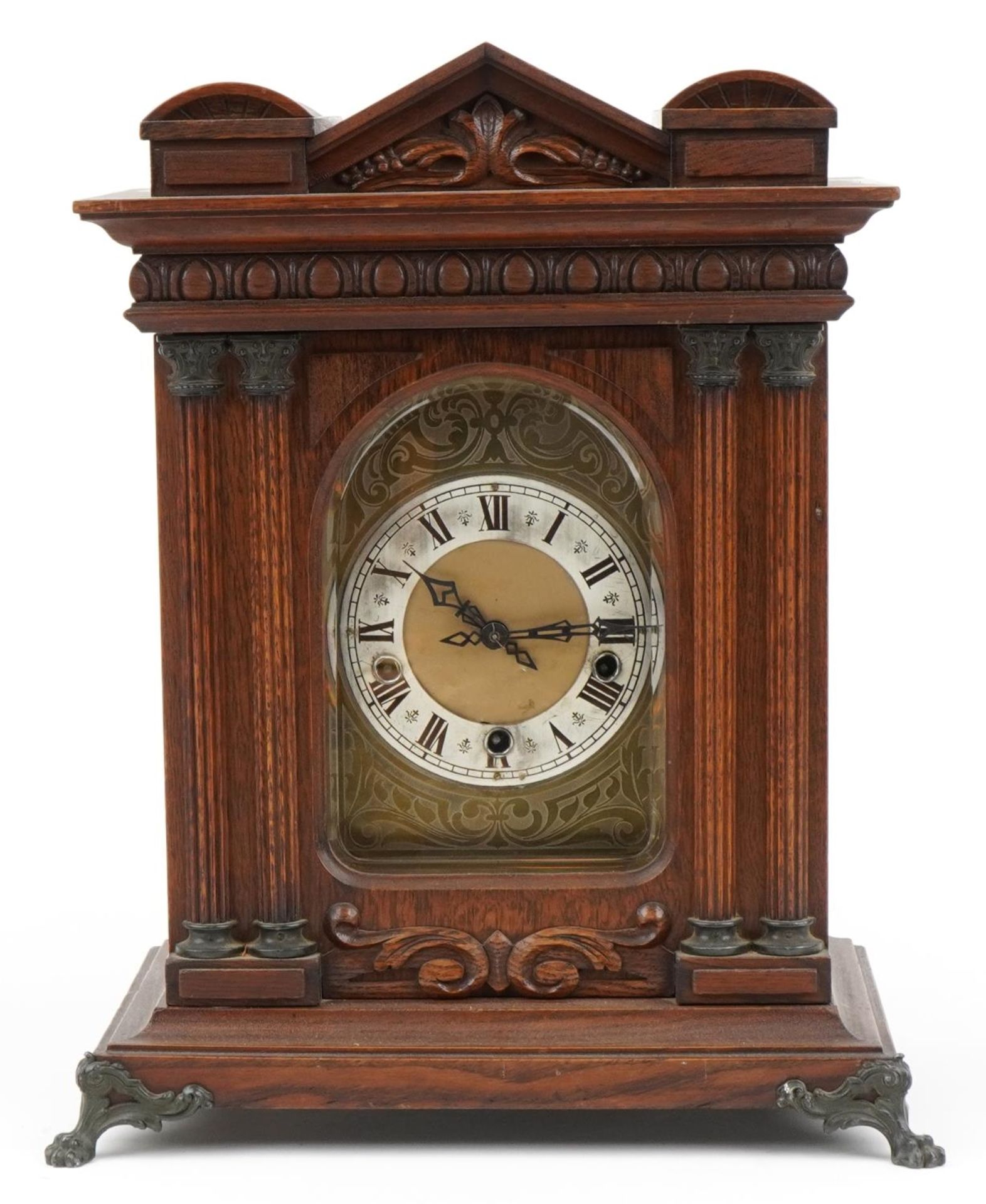 19th century oak bracket clock striking on five rods with Westminster chime, with Corinthian - Image 2 of 5