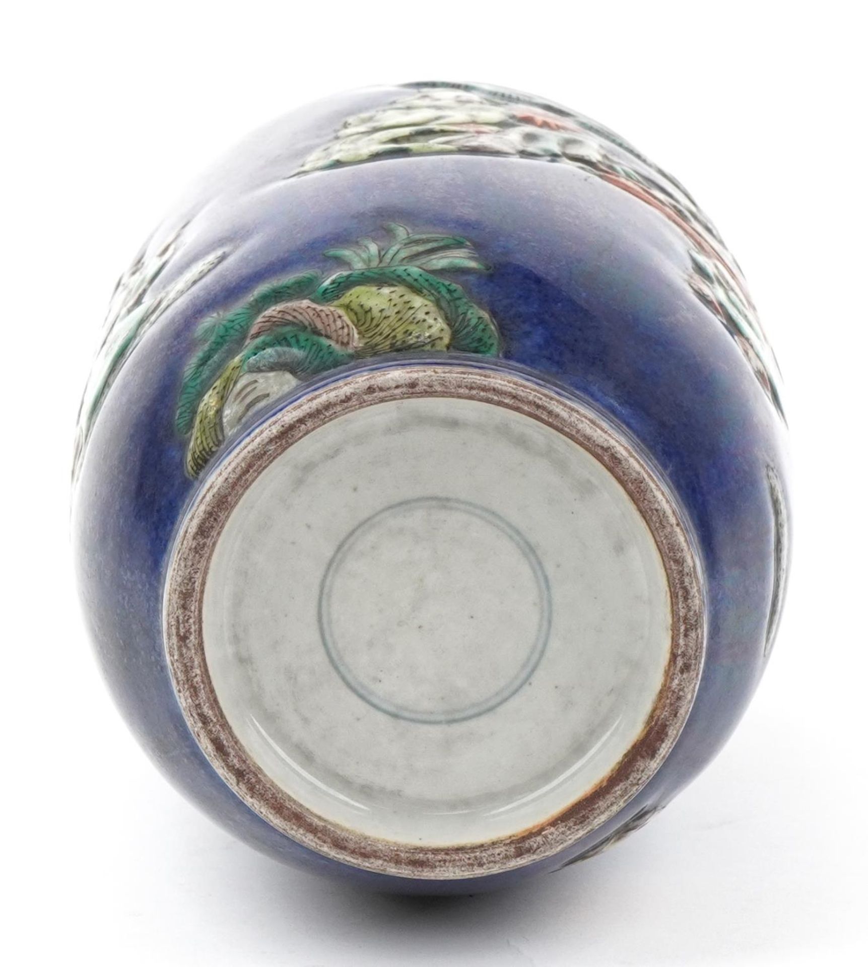 Chinese powder blue ground porcelain Rouleau vase hand painted in the famille verte palette with - Image 6 of 6