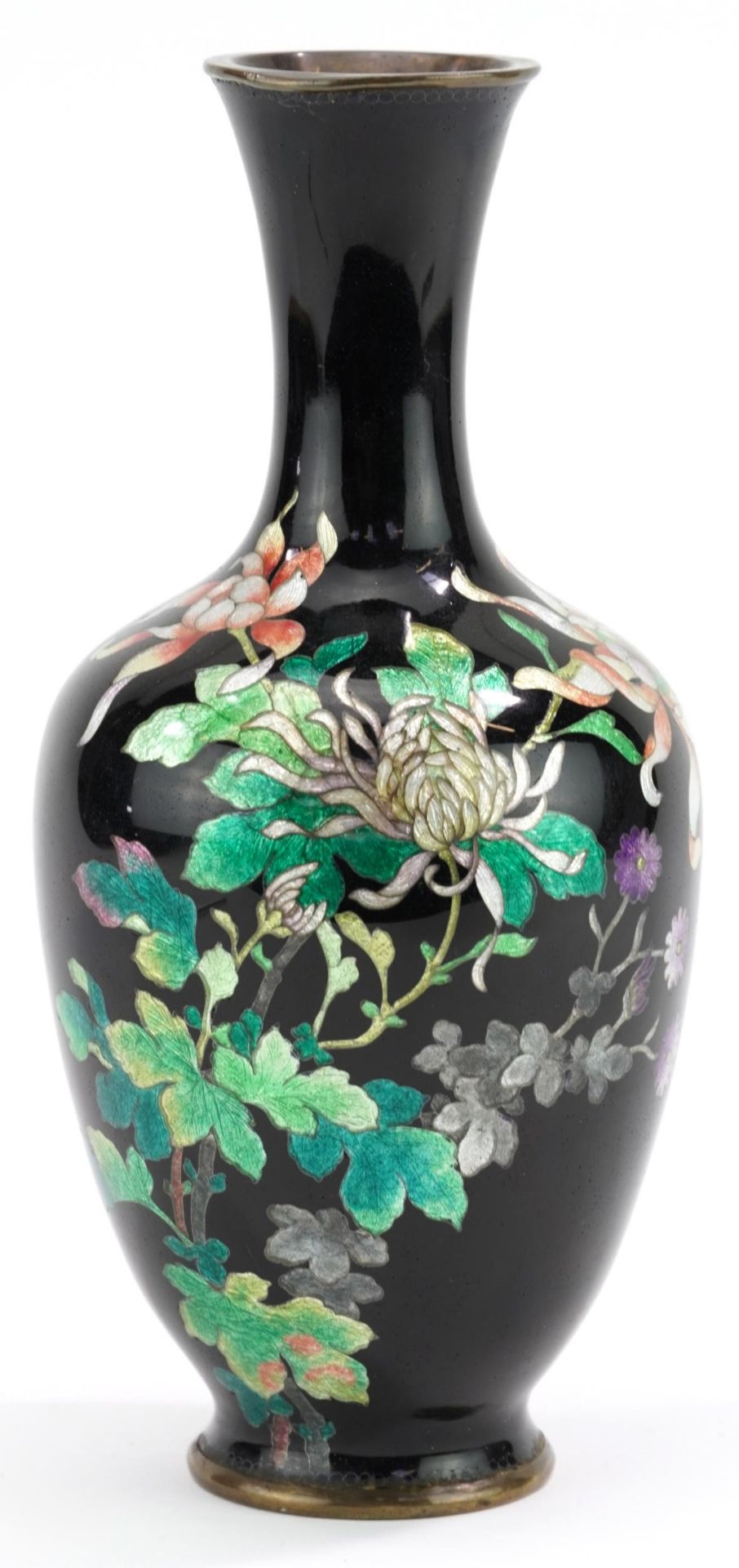 Japanese black ground cloisonne vase finely enamelled with flowers, 21.5cm high : For further