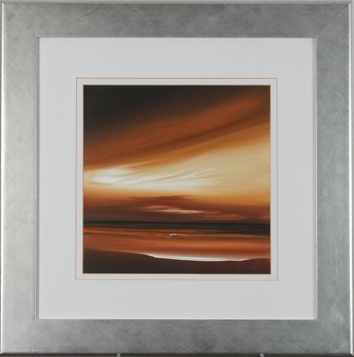 Jonathan Shaw - Sunset, oil, De Montfort label verso, mounted, framed and glazed, 29cm x 29cm - Image 2 of 5
