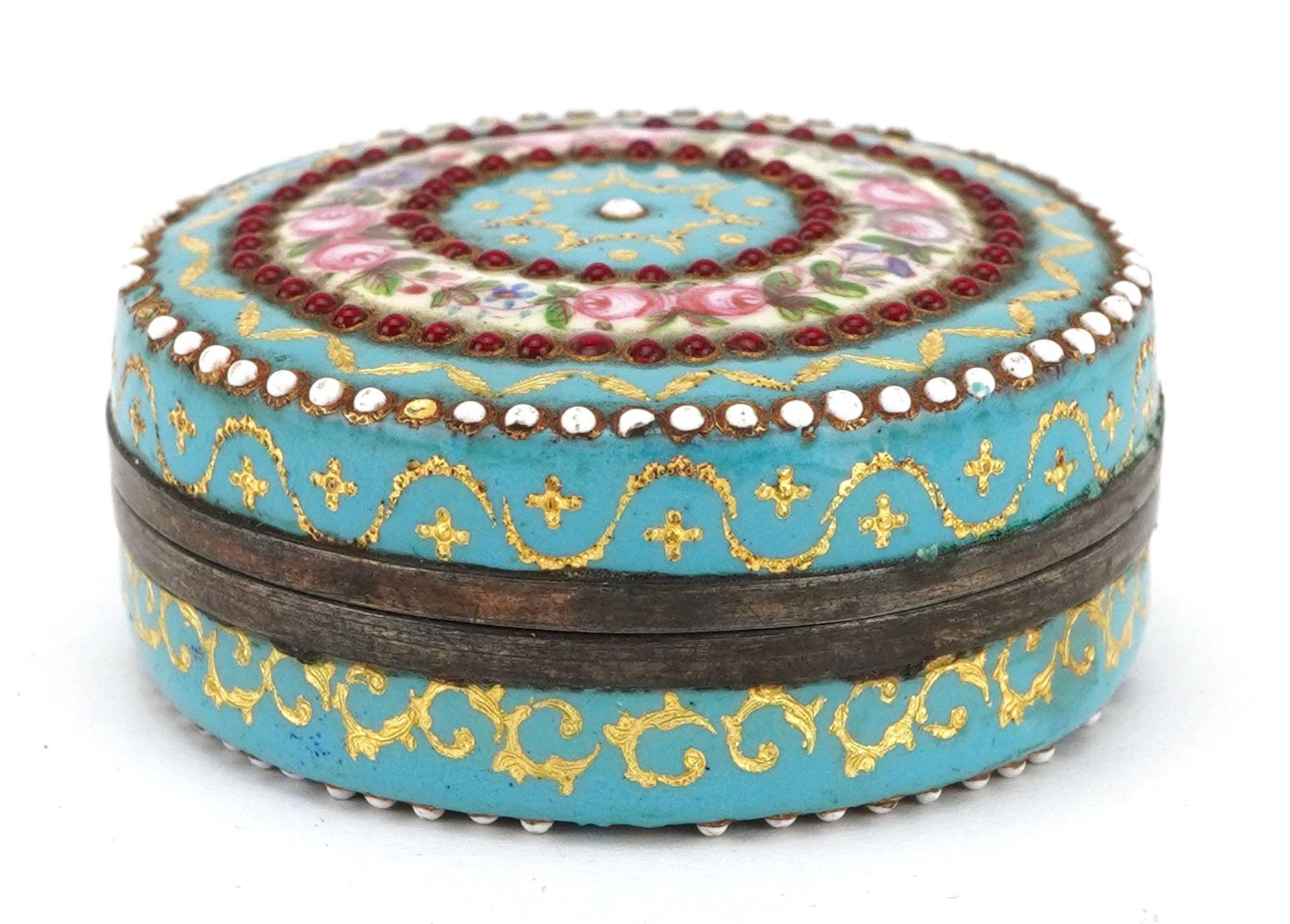 19th century French silver mounted enamel jewelled patch box hand painted with flowers, 4cm in - Bild 3 aus 4