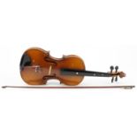 Old wooden violin with bow having mother of pearl frog and case, the violin back 14.25 inches in