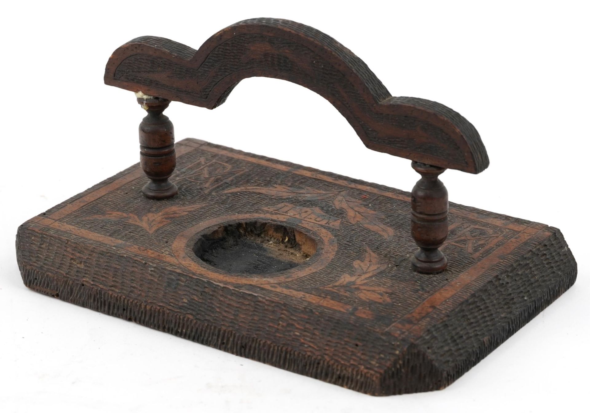 19th century Black Forest desk stand carved with leaves and monograms : For further information on