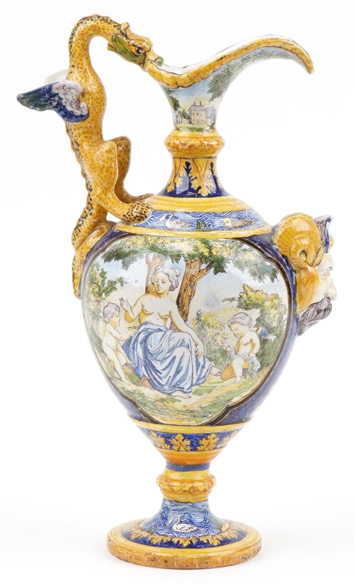 Attributed to Cantagalli, Italian Maiolica ewer with mythical handle and mask, hand painted with - Image 4 of 5
