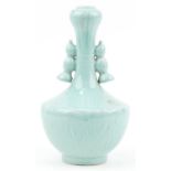 Chinese porcelain garlic head vase with handles having a celadon glaze, six figure character marks