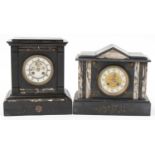 Two Victorian black slate and marble mantle clocks including one with visible Brocot escapement