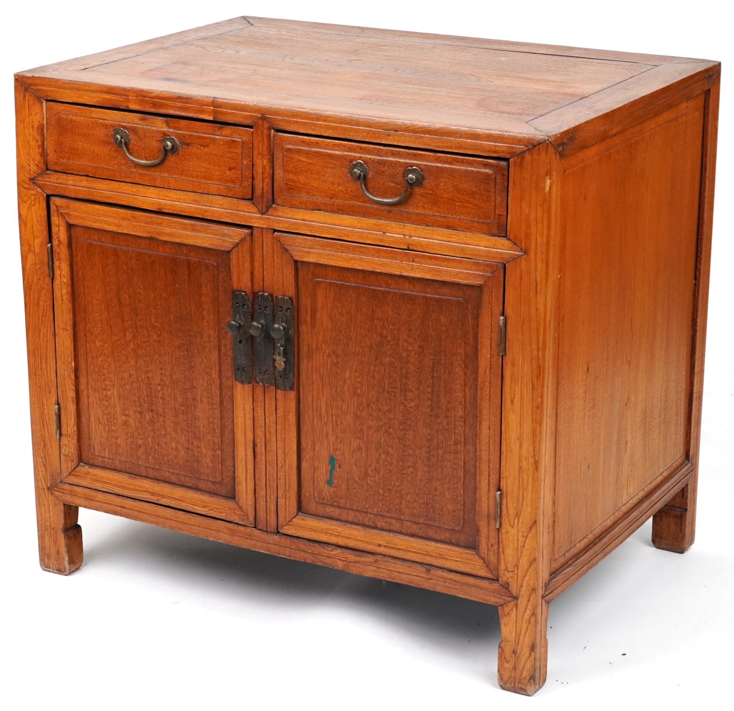 Chinese hardwood side cabinet fitted with two drawers above two cupboard doors, 78.5cm H x 86.5cm