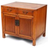 Chinese hardwood side cabinet fitted with two drawers above two cupboard doors, 78.5cm H x 86.5cm